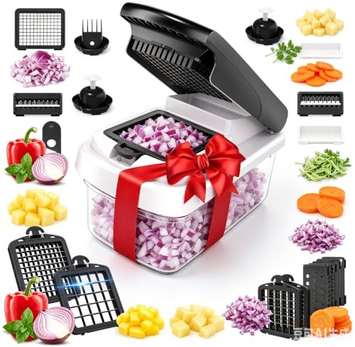 YKNIUFLY Coupe Légumes Multifonctions et Mandoline 15 en 1, coupe-cubes julienne, coupe-oignons salade, râpe légumes fromage avec bac, pour pommes de terre concombre fruit, accessoire cuisine.