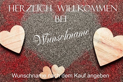 CreaLuxe Fussmatte mit Wunschtext/Wunschname Herzlich Willkommen - Motiv Herzteppich - 60x40 cm - Gummi Rückseite/rutschfest - Filzoberfläche - Bedruckte Türmatte - Innenmatte