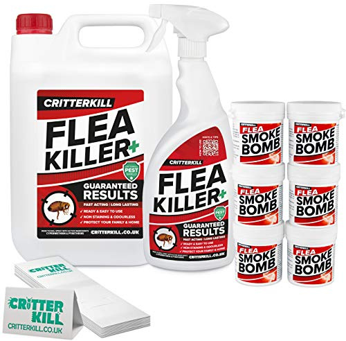 CritterKill Flea Killer Kit - For High Level Home Infestation - Professional Flea Spray + Smoke Bombs + Insect Traps (6L / 6x16g / 9)