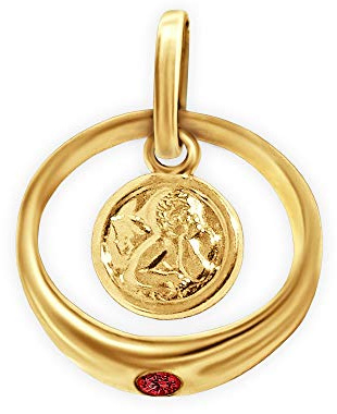 CLEVER SCHMUCK Taufschmuck 333 Gold Taufring Anhänger mit Engel rund und Edelstein Rubin für Kinder im Schmucketui creme