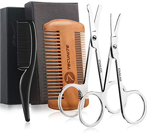TecUnite 4 Pieces Mustache Scissors Grooming Kit for Men, Beard Trimmer Set, 2 Small Combs and 2 Scissors Beard Trimming Kit with Storage Bag Box