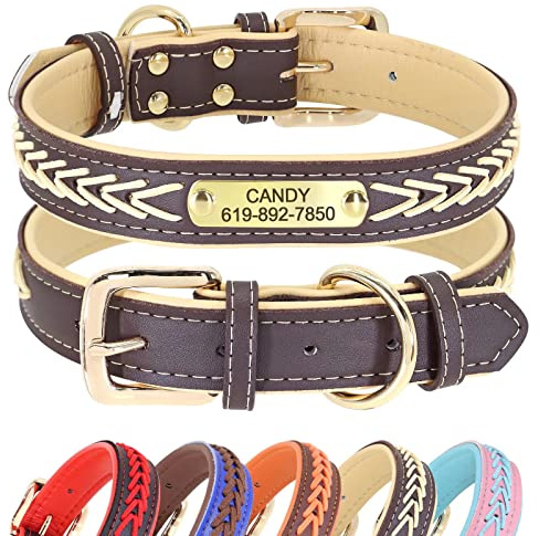 Didog Hundehalsband, Leder, mit Gravur des Namensschildes aus Messing, geflochtenes Leder, weich gepolstert, verstellbar, für kleine, mittelgroße und große Hunde,Beige, M(Halsumfang 30–39 cm)