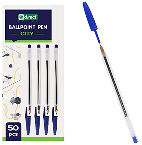 D.RECT Kugelschreiber Set 50 Stück - Stifte mit Transparentem Deckel - Kugelschreiber mit Wolframkarbidkugel, Blau