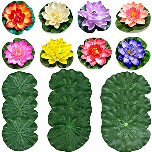 Gativs Fiori Galleggianti 8 pezzi Artificiale Ninfea Floating Flower Falleggiante Fiore Lotus Schiuma Fiore Fiori di Loto Galleggianti per Laghetti con 9 Foglie di Loto per laghetti Acquari Nozze