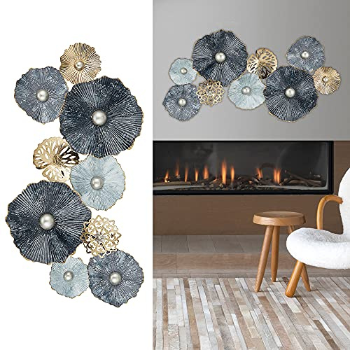 Väggdekoration 3D-utseende för upphängning│Motiv med blommor av metall, blå/silver/guld, 53 x 90 cm (B x H)│Väggskulptur horisontellt och vertikal (1 x Väggdekoration Ariana)
