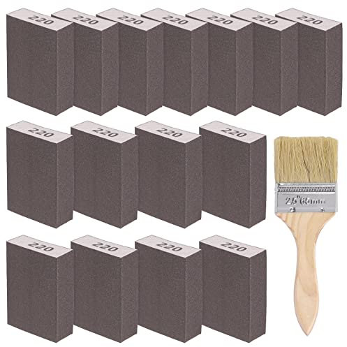 Glarks 16 pezzi 220 graniglia abrasiva kit 15 pezzi 10 x 7 x 2,5 cm blocchi abrasivi lavabili e riutilizzabili e 1 pennello per vernice, ideale per la lavorazione del legno, cartongesso lucidatura
