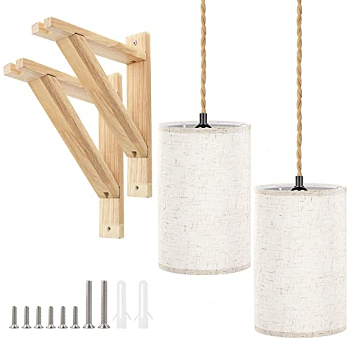 LABOREDUCER Hanf Seil Wandleuchte mit Stecker in Kabel, Stoff Shade Wandleuchten innen, 4,5m Stecker in Hängeleuchten Ein/Aus Schalter, Hängelampe mit Leinenschirm Holz Regalhalterungen