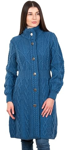 SAOL 100 % merinoull irländsk cardigan för kvinnor med keltiska knutknappar – aran lång utomhus kabel stickad coatigan, Blågrön, XL