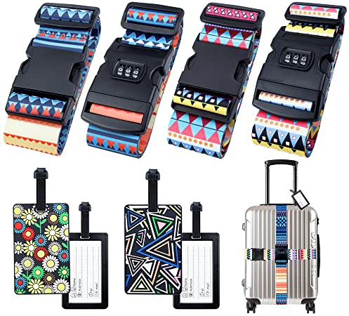 Hivia 4 Stück Kofferband mit Schloss + 4 Stück Koffer Markierung,Kofferband Auffällig Kofferband mit Adressschild Kofferband Bunt|Böhmen Stil
