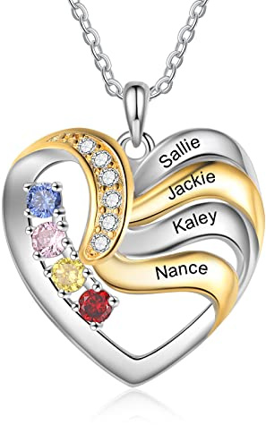 Jeweidea Collier Coeur Femme Collier Prenom Personnalisé pour Femme Collier avec Pierre de Naissance Gravée Collier Maman Collier Femme Argent Cadeaux Personnalisés