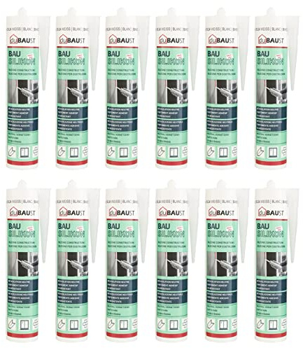 12x dubaust BAS24 Mastic Silicone de construction Silicone neutre pour fenêtres Intérieur/extérieur résistant aux intempéries hautement élastique Cartouche de 310ml (blanc)