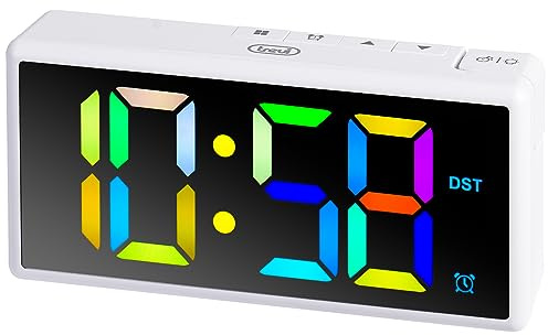 Trevi EC 886 Orologio Sveglia Digitale con Grande Display LED Multicolor, Suoneria Elettronica, Funzione Snooze e Funzione Dimmer, Presa USB per Ricarica Dispositivi, Bianco