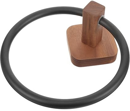 Housoutil Wooden Hand Towel Ring Wall Mount Towel Holder Bathroom Storage Rack Black Non-drill for Kitchen and Washroom