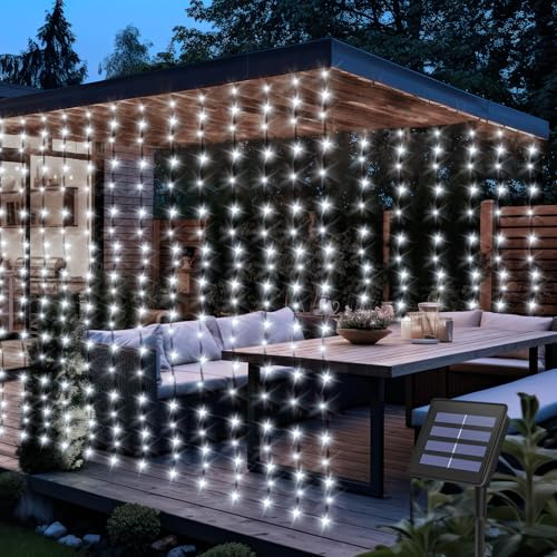 CCILAND Solarbetriebene Vorhanglichter, 2 m x 2 m, 200 LED-Vorhanglichter, 8 Modi, wasserdicht, grüner Draht, Lichterkette für Terrasse, Hochzeit, Haus, Garten, Fensterdekoration, Kaltweiß