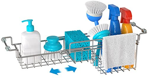FavoThings Dish Stands, Over The Kitchen Sink Caddy Sponge Holder Organizer Drying Rack Expandable for Sponge Brush Soap Dish Cloth Rag Smaller 12.25 to 17.25, Stainless Steel