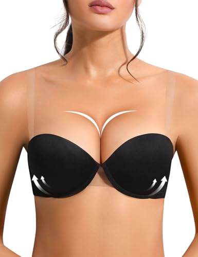 YANDW Push Up axelbandslös BH Multiway Super vadderad Add 2 kupa stöd med transparenta remmar bygel spets Demi BHS, svart, 70B