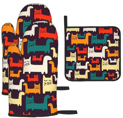 Cat Heat-Resistant Oven Gloves And Pot Holders.With Lanyard,Waterproof And Durable. Used In Kitchen,Barbecue And Baking.