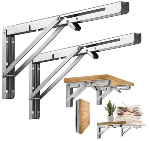 Escuadras Abatibles, 2 Piezas Soporte de Estante Plegable Soportes Pared Mesa de Acero Inox Flotante Bisagras Escuadras para Estanterias Bricolaje (6 Inch)