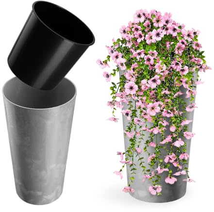 KADAX Cache-Pot décoratif béton Gris ⌀ 30 cm x H 57,5 cm, Plastique avec éclats de Bois, Insert Amovible – Forme Ronde et Naturelle