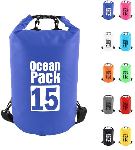 15L Blau Wasserdichte Tasche, Dry Bag 2L/5L/10L/15L/20L/30L mit Verstellbarem Gurt, Schützt Telefon/Karte, Roll Top Wasserdichter Beutel Rucksack für Schwimmen/Rafting/Kajak/Bootfahren/Camping/Strand