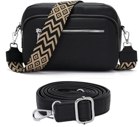 RQJZ 25x20cm Umhängetasche Damen Klein Crossbody Bag Stylish Vegan Leder Schultertaschen Hobo bag Handtasche mit Breitem Gurt für Alltag Schwarz