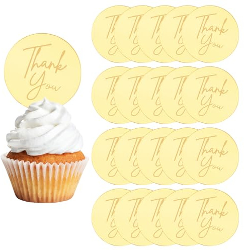 URROMA Cupcake Toppers - 20 Pcs Round Thank You Cake Discs & Picks - Personalized Acrylic Cake Decoration