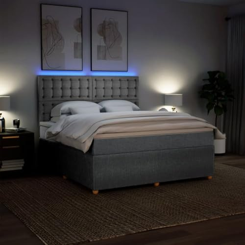 IKAYAA Boxspringbett 180 x 200 cm mit Matratze, LED Beleuchtung, Topper - Hellgrau