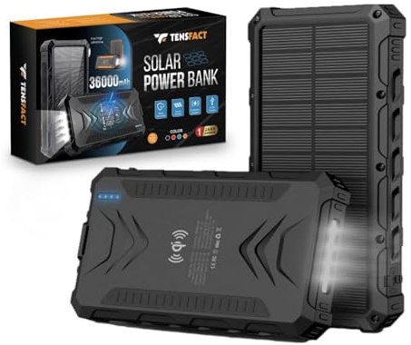 Tensfact® Batterie externe solaire 36000 mAh Chargeur sans fil - Batterie externe solaire - USB & USB-C (noir)