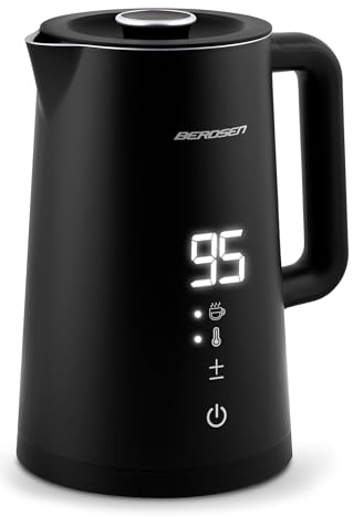 Berdsen Vattenkokare i rostfritt stål, kapacitet 1,7 liter, temperaturinställning, pekpanel, varmhållningsfunktion, 2 200 watt, dubbelvägg piruetbas, vattenkokare, tyst, svart