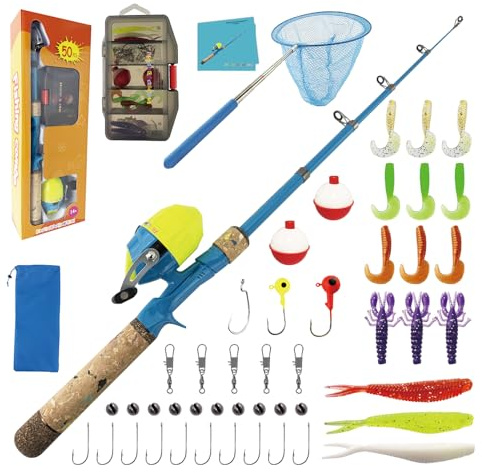 SHUDAROCAST Kids Fishing Pole Set, Kids Fishing Rod and Reel Combo and Fishing Net Tackle Box with Lures Hooks and Bag for Boys Girls Youth Fishing
