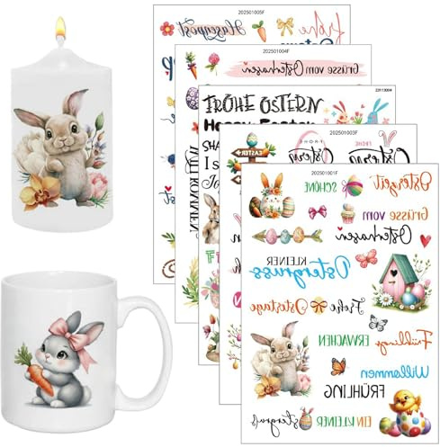 Easter Candles Tattoo, 5 Sheets Easter Bunny Candle Stickers, Rub On Sticker, Candle Foil, Easter Candle Stickers Tattoo, Bunny Designs for Ceramic Candles, Cups