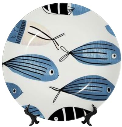 ZSUUGJ Blue Swimming Fish 10 Inch Ceramic Plate Display Home Display With Stand Wall Hanging Plate For Home Decor