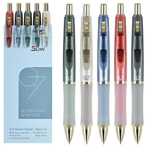 SUIN Gel Pens, Premium 0.7mm Black Ink, Retractable Rolling-Ball Gel-Pens, Refillable Medium Fine Point for Smooth Writing - Pack of 5