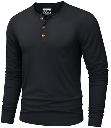 TACVASEN Tshirt Uomo Cotone Maglietta Uomo Manica Lunga Maglia Henley Magliette da Lavoro Base con Sfilo a Bottoni Taglio Regular Camicia Casual Nero, L