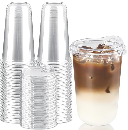 18 oz Round Bottom Clear Plastic Cups with Strawless Sip Lids, 50 Pack
