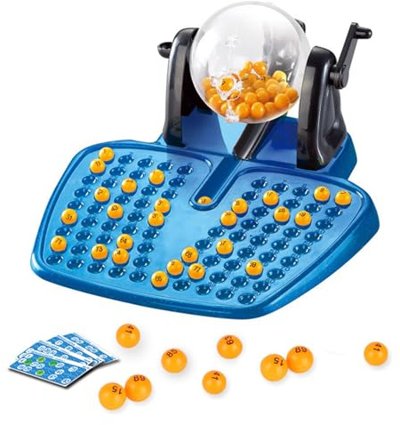 JurciCat Juego De Lotería con 1 Máquina De Lotería 90 Fichas De Puntuación 90 Bolas Pequeñas 48 Tarjetas Fiestas Después De La Cena Navidad Vacaciones Y Eventos Regalo (Azul)