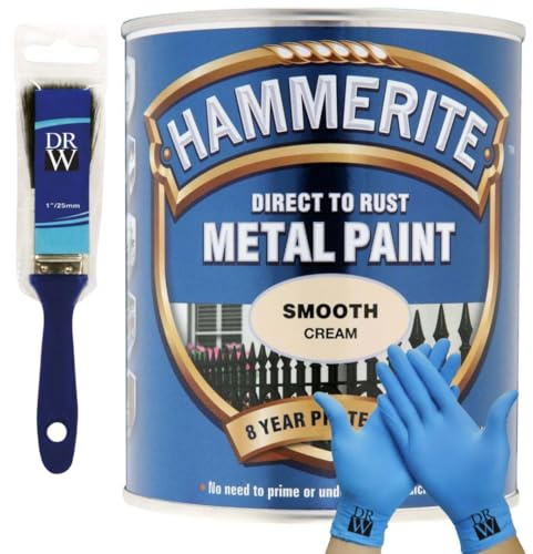 DRW Hammerite Direct to Rust Smooth Metal Paint 750ml Smooth Cream 1 Brush & Free Nitrile Gloves | Durable Anti-Rust Protection for Indoor & Outdoor