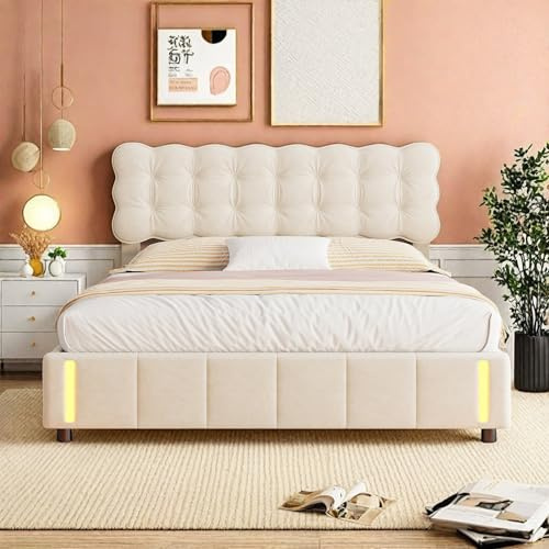 Générique Lit Coffre 140x190 avec LED & Système Hydraulique, Cadre de Lit avec Rangement Spacieux & Sommier à Lattes, Beige Velours Lits Capitonné pour Adultes et Adolescents, sans Matelas