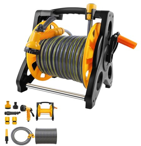 15M Heavy Duty Hose Reel Cart - 7 Spray Modes, Wall Mountable/Portable, UV Resistant Hose for Large Gardens & Driveway Cleaning