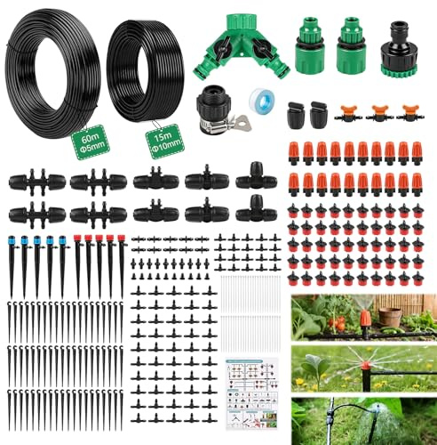 MIGUBIGU 315 PCS Sistema de Riego Por Goteo con 60 m + 15 m Tubos, Kit Riego Automatico Macetas para Jardín, Plantas, Invernadero, Macetas de Balcón