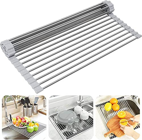 Escurridor de platos de acero inoxidable sobre el fregadero, estante de secado enrollable que ahorra espacio, varios tamaños (21.2 pulgadas de largo x 13 pulgadas de ancho) para nización y drenaje de
