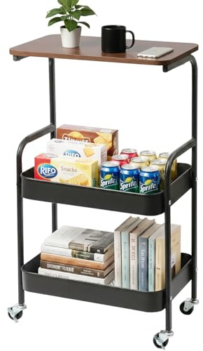 VivaZionCX 3-Tier Craft Cart and Side Table on Wheels – Metal Rolling Utility Cart with Walnut-Textured Top, for Bedside, Kitchen, Office, Bathroom & Craft Room