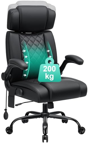 HOFFREE 200kg Ergonomischer Bürostuhl mit Lendenstütze PU-Leder Chefsessel mit hochklappbare Armlehnen hoher Rückenlehne Computerstuhl,Verstellbare Kopfstütze,Schwarz