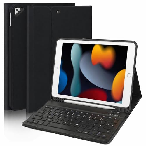 WALWALO Funda con teclado para iPad 9 Generación, apto para 8/7 | QWERTZ, teclado Bluetooth desmontable magnético, carcasa trasera de TPU suave con soporte para bolígrafo