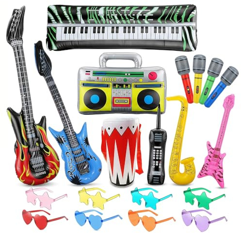 20Pcs Inflatable Musical Instruments Set Retro 80s 90s Party Props | Inflatable retro music instrument set with guitars, microphones and props, ideal for 80s 90s parties, photo booths and events