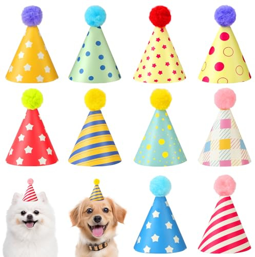 HOTUT 10 Stück Partyhüte, Mini Muster Partyhüten mit Pompon und Gummiband, Kegelhüte für Geburtstagspartys, Kuscheltiere, Hunde, Katzen, Verschiedene Tiergeburtstagsdekorationen, Partydekor