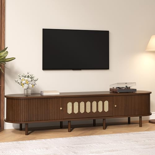 Hmluxury 180x40x40cm TV Stand, Dark Walnut Rattan Cabinet with Roll-Up Doors, 30kg Load Capacity, MDF Lowboard for Living Room