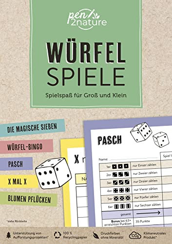 Würfelspiele | Spielspaß für Groß und Klein: Nachhaltiger Spieleblock auf Recyclingpapier mit über 300 Vorlagen für die ganze Familie | Würfel-Spielblock für Spieleabende (pen2nature books)