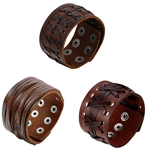 Oidea Mens Braided Leather Bracelets, Punk Rock Vintage Cuff Wrist Bracelet Set, Size Adjustable