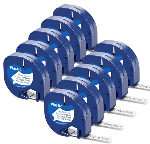 Invoker 10-PK 91221 Kompatibel mit DYMO Letratag Etikettenband Plastik Weiß | Kompatibel mit DYMO Letratag 12mm x 4m White Plastik für LetraTag LT-100H LT-100T LT-200B LT-QX50 LT-XR LT-XM LT-110T LT-2000